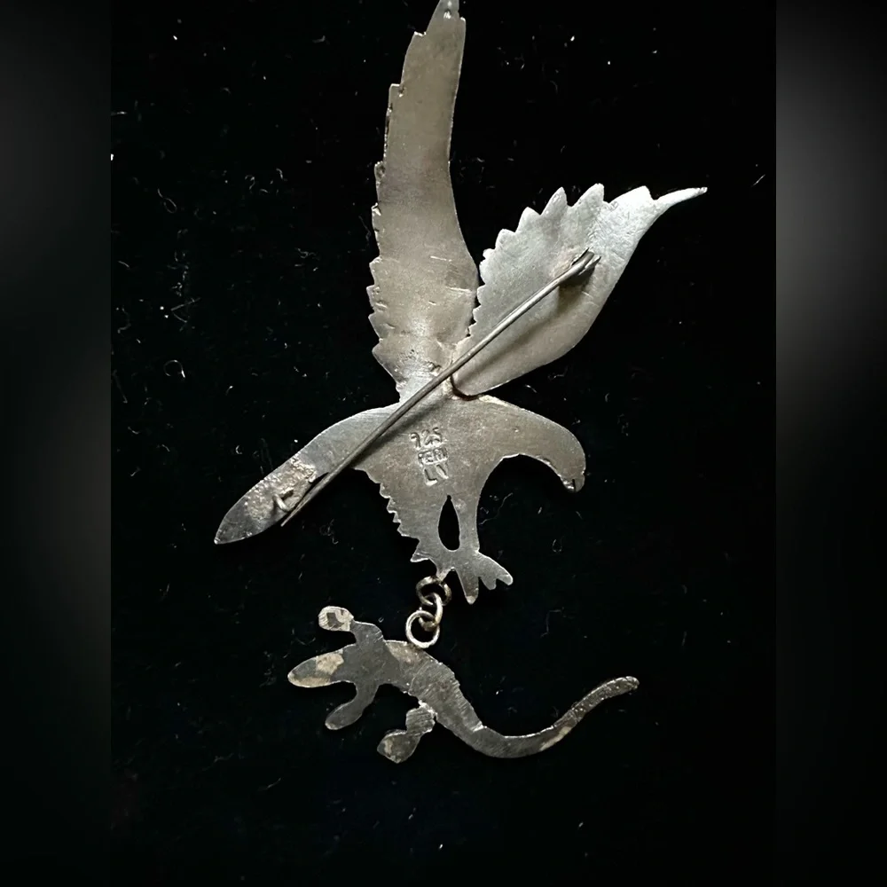 Vintage Peru 925‎ Sterling Silver Eagle Brooch Signed LV 4”